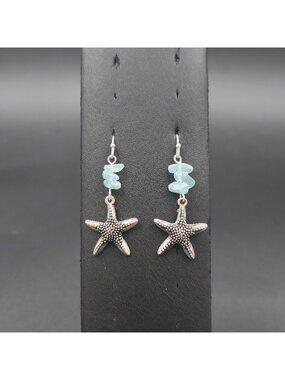 Starfish Blue Aquamarine Chip Coastal Beach Jewelry Dangle Earrings A7538